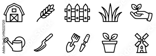 agriculture farming gardening outline icon set