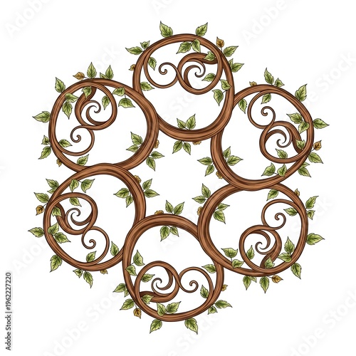 Decorative floral design with swirling branches and green leaves on white background