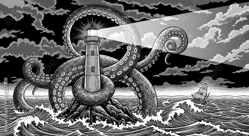 Dramatic lighthouse scene with giant octopus monster in stormy ocean waters