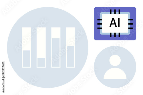 Technology, data processing, AI innovation, human interaction, digital innovation, research. Bar charts, AI processor icon and a person symbol. Technology and data processing visualization