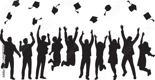 Jubilant Graduates Throwing Caps In The Air Silhouette Celebration Academic Achievement Vector Illustration High Quality Transparent Background