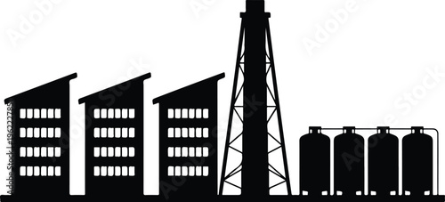 Industrial factory building silhouette vector illustration representing production, manufacturing and energy industry with chimneys and plant structures