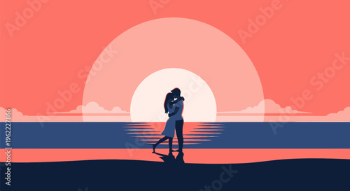 Romantic couple embracing on beach at sunset.