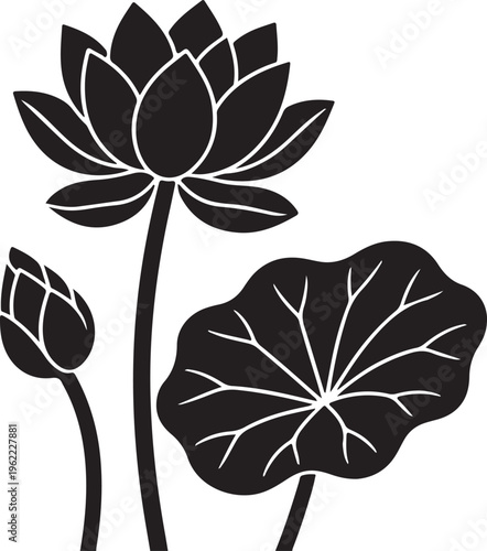 A minimalist black silhouette illustration of a blooming lotus flower with a bud and large leaf