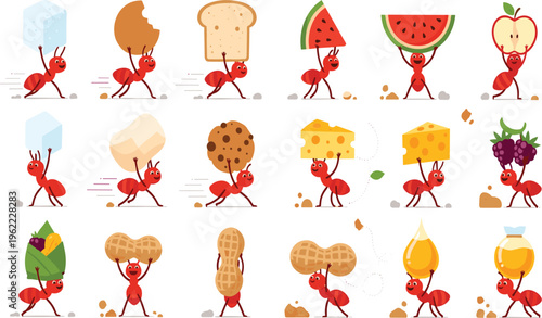 Ant carrying food set cartoon insects with sugar bread fruit cheese nuts and honey collection vector illustration