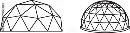 Two geodesic domes illustrated in black and white line art showing structural forms