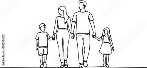 Continuous Single Line Drawing Family Parents With Two Children Walking Hand In Hand Minimalist Line Art Vector Illustration