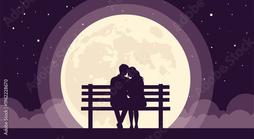 Romantic couple sitting on bench under full moon.