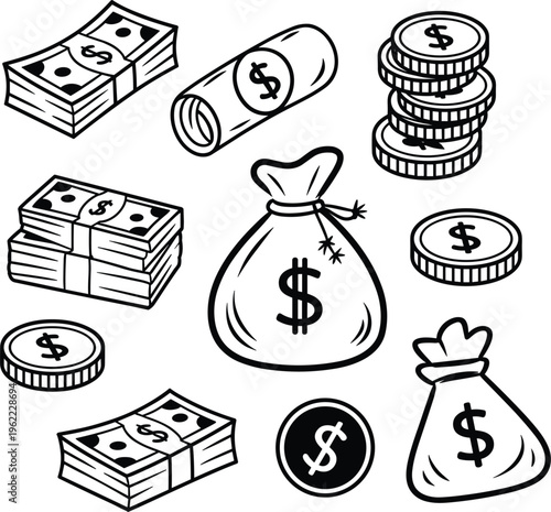 Money doodle vector set, hand drawn cash coins banknotes and bags finance elements
