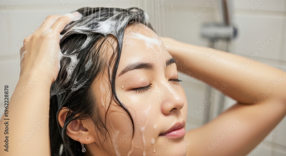 Naklejka premium 눈을 감고 편안하게 샴푸 거품으로 머리를 감으며 샤워하는 젊은 한국 여성 클로즈업