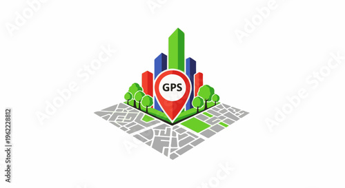 A stylized 3D isometric map featuring colorful buildings, trees, and a GPS marker