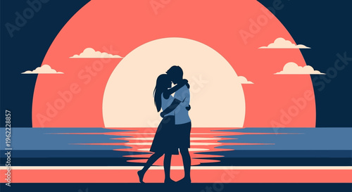 Romantic embrace of a couple at sunset.