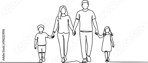 Continuous Single Line Drawing Family Parents With Two Children Walking Hand In Hand Minimalist Line Art Vector Illustration