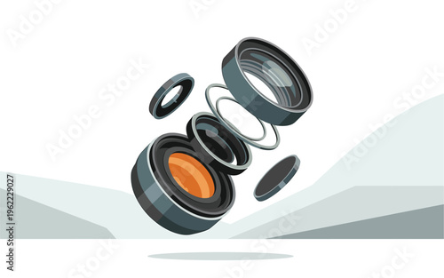 A disassembled speaker component in a modern, minimalist design style with a white background