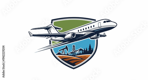 A sleek jet soars above an oil field and forest within a protective shield emblem