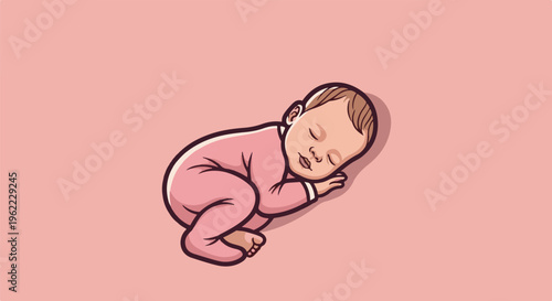 A sleeping infant in a pink romper lies on a soft pink background