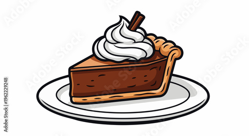 A slice of chocolate pie topped with whipped cream and a cinnamon stick
