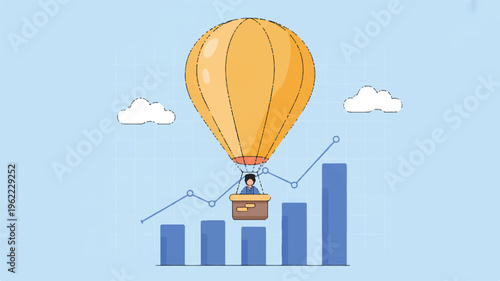 Businessman flying in hot air balloon over growing bar chart graph