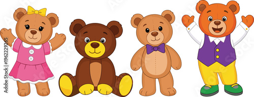 Cute Bear Family Set with Dressed Bears in Colorful Outfits and Adorable Expressions for Children's Illustrations and Designs