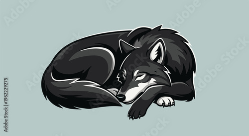 A sleeping black wolf curled up on a light blue background