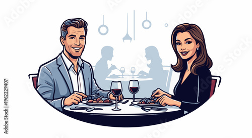 A smiling couple enjoys a romantic dinner with wine in a restaurant