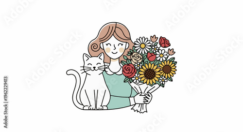 A smiling person holds a bouquet of flowers next to a contented cat