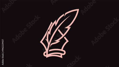 Pink feather and inkwell logo on black