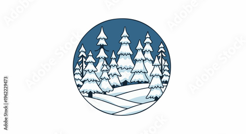 A snowy forest scene with snow-covered evergreen trees and rolling hills