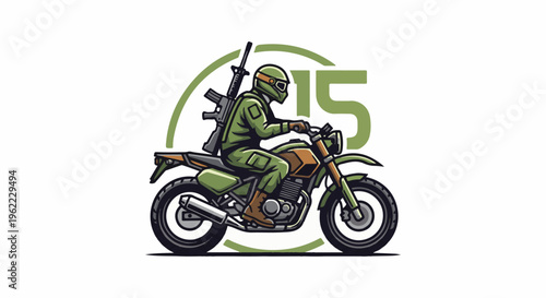A soldier in green rides a dirt bike with a rifle attached