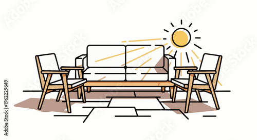 A simple illustration of outdoor furniture, a sofa and two chairs, with sunbeams