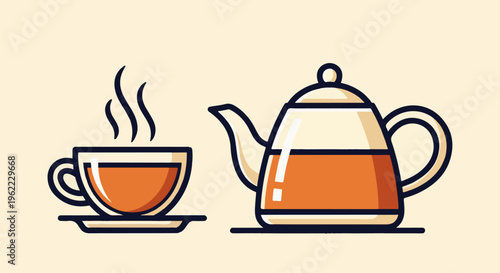 A simple illustration shows a steaming cup of amber liquid next to a matching teapot