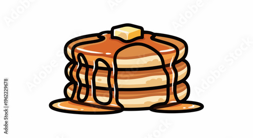 A stack of fluffy pancakes drizzled with golden syrup and topped with butter