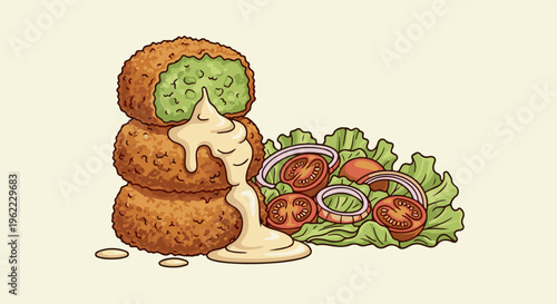 A stack of crispy green fritters with creamy sauce and fresh salad