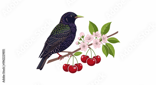 A starling perches on a branch with cherries and blossoms