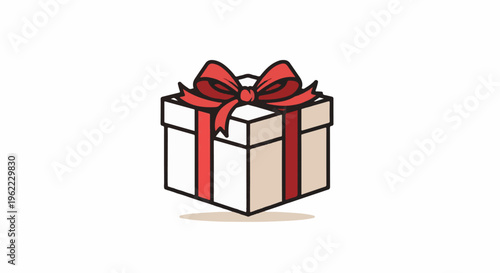 A simple line drawing of a white gift box with a red bow
