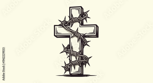 A stark, stylized cross is heavily entwined with sharp, coiled barbed wire