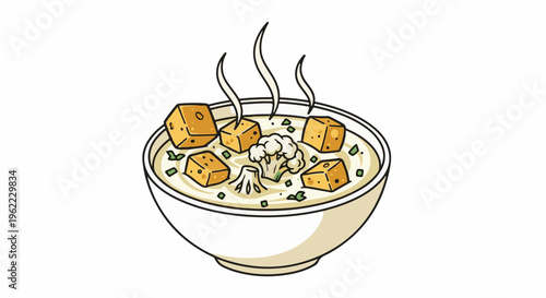 A steaming bowl of creamy soup with croutons and cauliflower florets