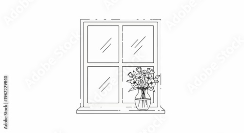 A simple line drawing of a window with a vase of flowers on the sill