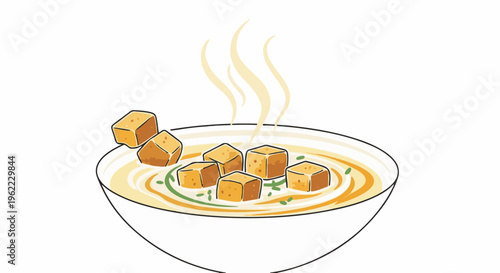 A steaming bowl of creamy soup with croutons and herbs, artistic drawing