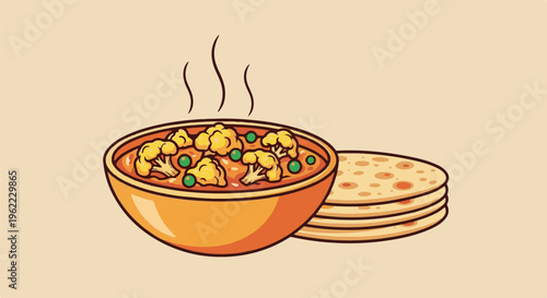 A steaming bowl of curry with cauliflower and peas, served with flatbread