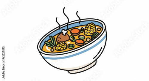 A steaming bowl of hearty stew with chicken, corn, and vegetables