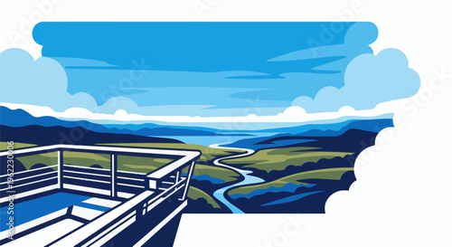 A scenic view from a balcony overlooking a winding river and distant mountains