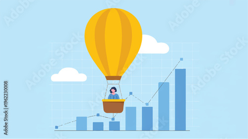 Businessman in hot air balloon flying over increasing bar chart graph