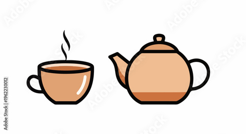 A steaming cup of tea next to a brown teapot