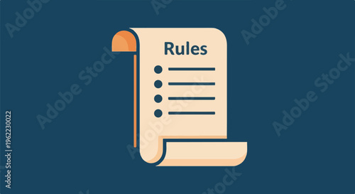 A scroll with the word "Rules" and four bullet points against a blue background