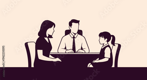A seated group of three individuals, including a woman, man, and child, are engaged in a discussion
