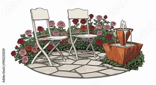 A serene garden setting with two chairs, a fountain, and blooming roses