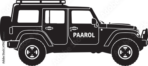 Black Jeep Wrangler SUV vector silhouette, off-road vehicle icon, Paarol logo, automotive design element
