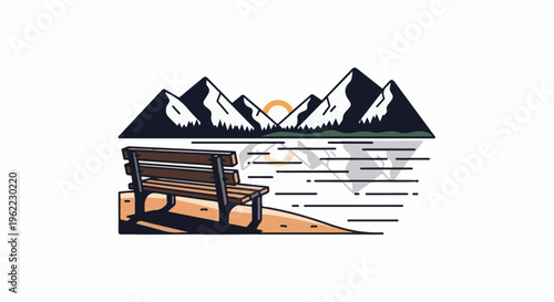 A serene mountain and lake scene with a lone bench awaits contemplation