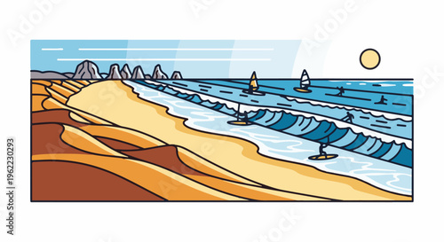 A stylized beach scene with sand dunes, rolling waves, windsurfers, and a sun